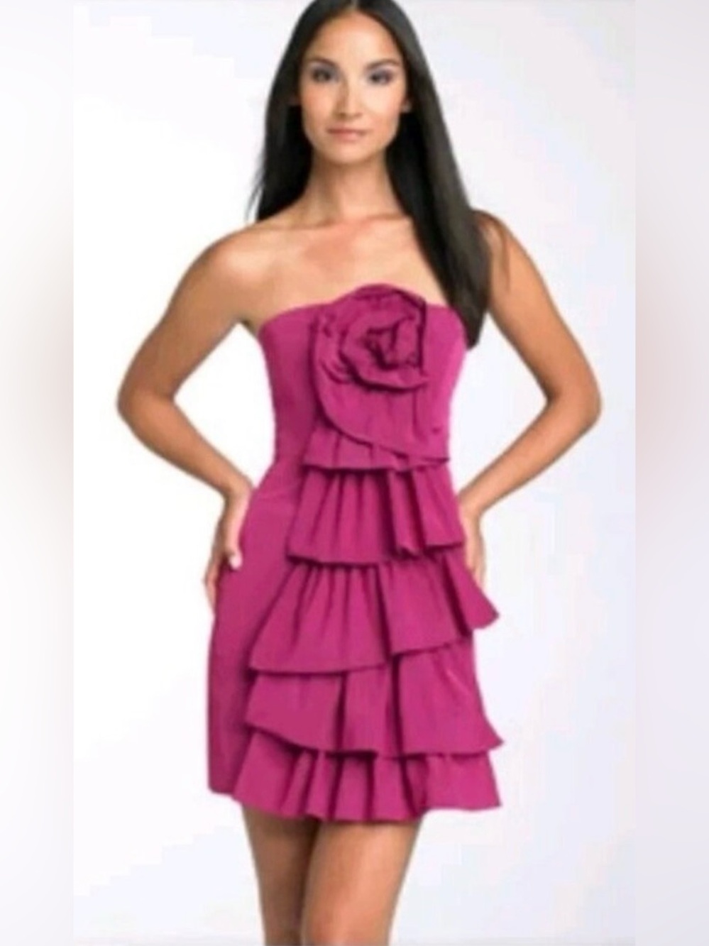 BCBGMaxAzria Strapless Ruffle Dress in Fuchsia with Rose Detail